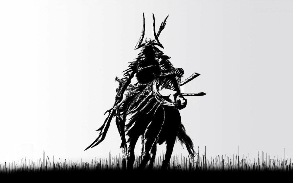 Fantasy Samurai Knight Gallops through White Fields on Black Horse in HD Wallpaper