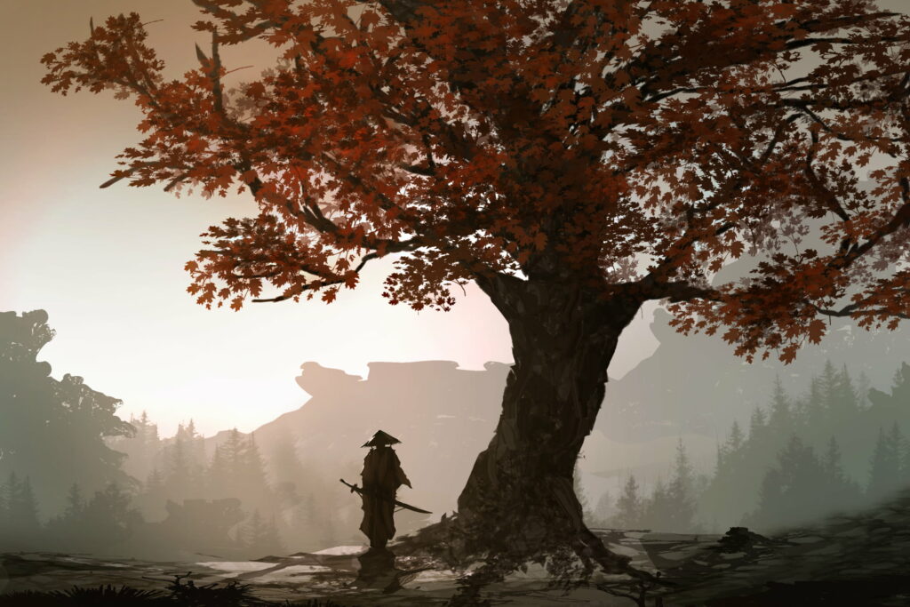 The Enchanted Autumn Guardian: A Majestic Samurai Warrior and the Whispers of the Ancient Tree Wallpaper
