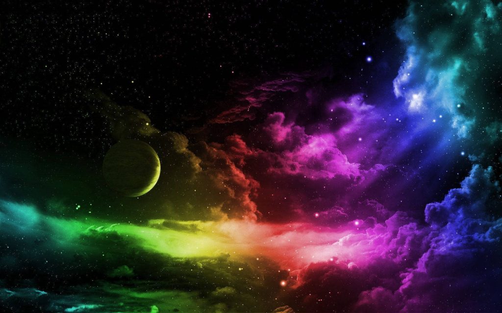 Vibrant rainbow nebula with glowing crescent planet and twinkling stars in dark galaxy background Wallpaper