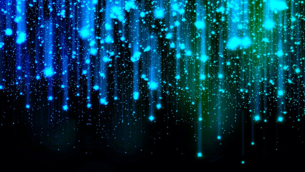 Dreamy abstract wallpaper with vibrant cyan emerald light particles on deep black background