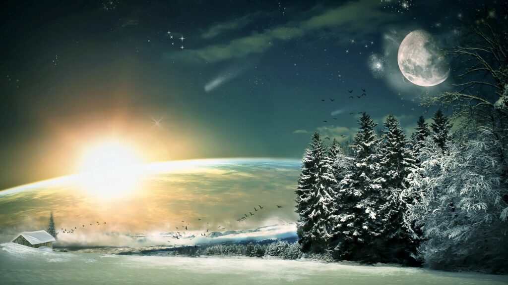 Fantasy winter landscape with snow-covered fir trees cabin starry sky sun and glowing moon Wallpaper