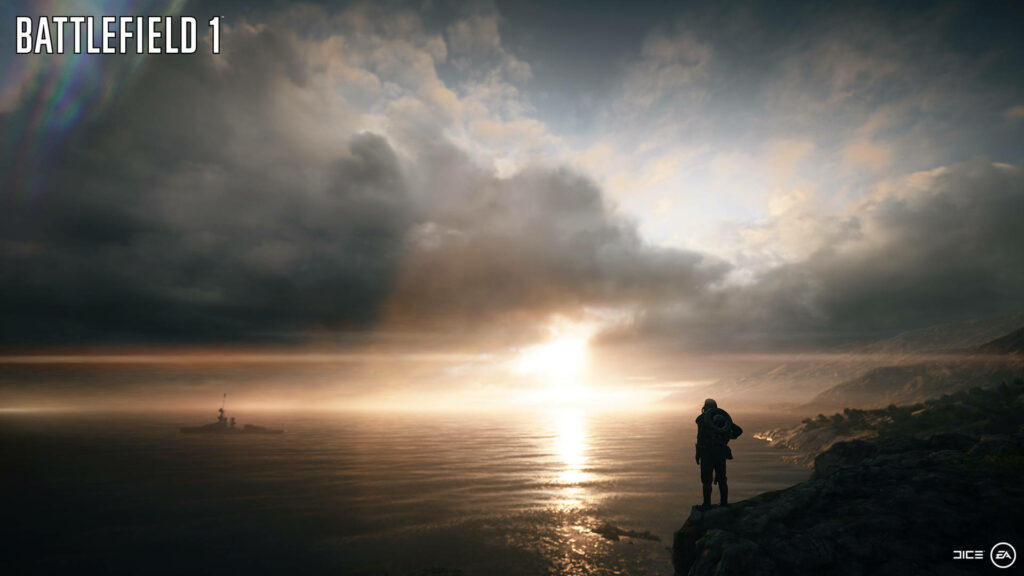 Battlefield 1 wallpaper: soldier contemplating sunset by sea, DICE logo