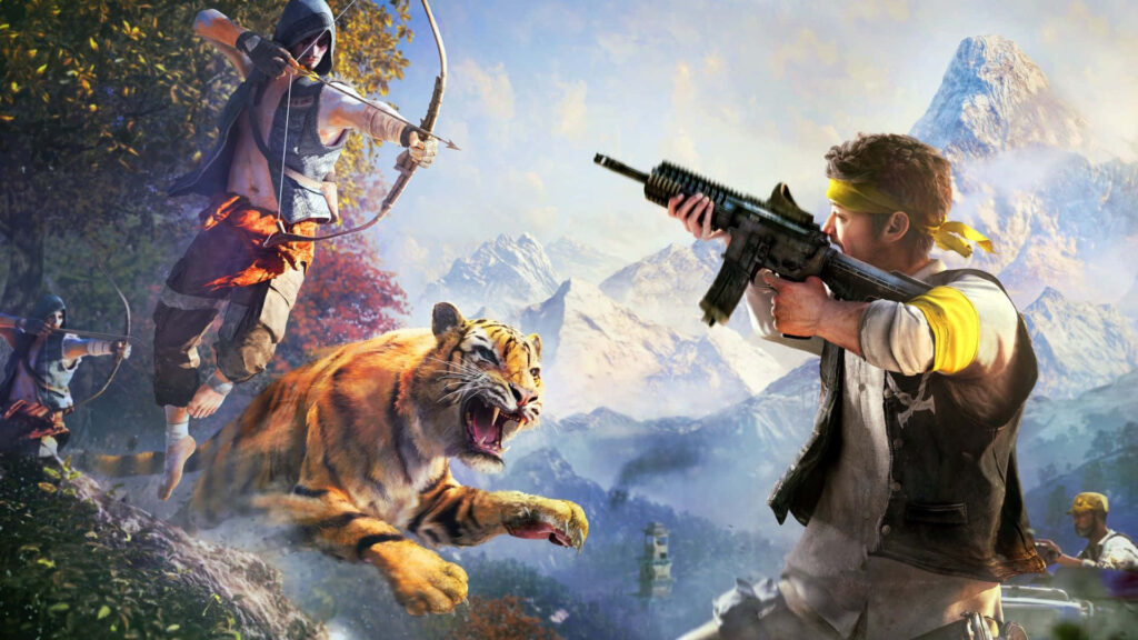 Deadly Encounter: Man Armed with Gun Confronts Tiger as Bow-Wielding Men Lurk in the Shadows - Far Cry 4 Game Visual Wallpaper