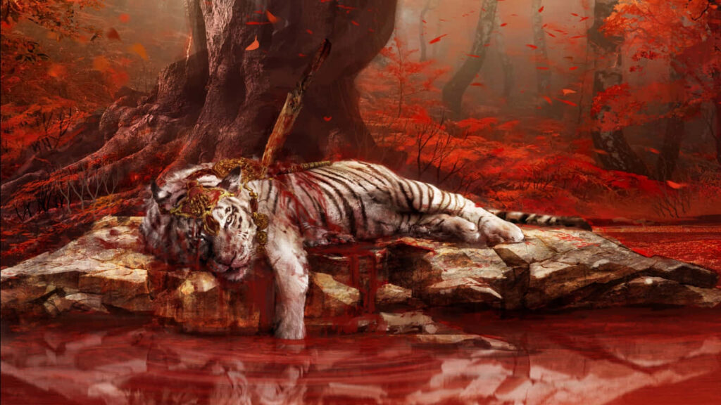 Far Cry 4: Intense Tiger in Vivid Red Forest Wallpaper