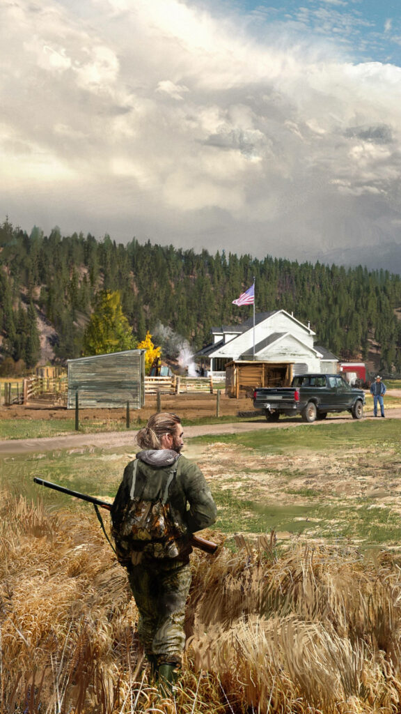 Far Cry 5 character with bow in rural landscape - Hope County, Montana Wallpaper