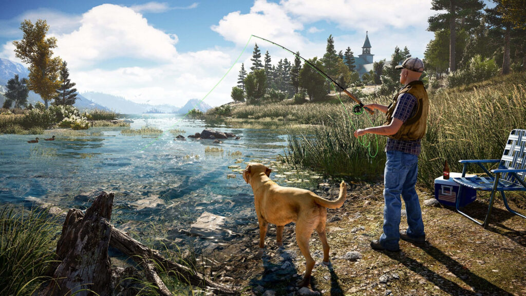Serene Far Cry 5 Scene: Character Fishing with Dog by Tranquil Lake & Church in Montana-inspired Landscape Wallpaper