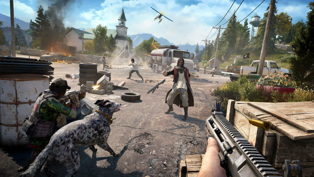 Fierce Battle Against Cultists Unleashes in Far Cry 5's Scenic Churchyard Wallpaper