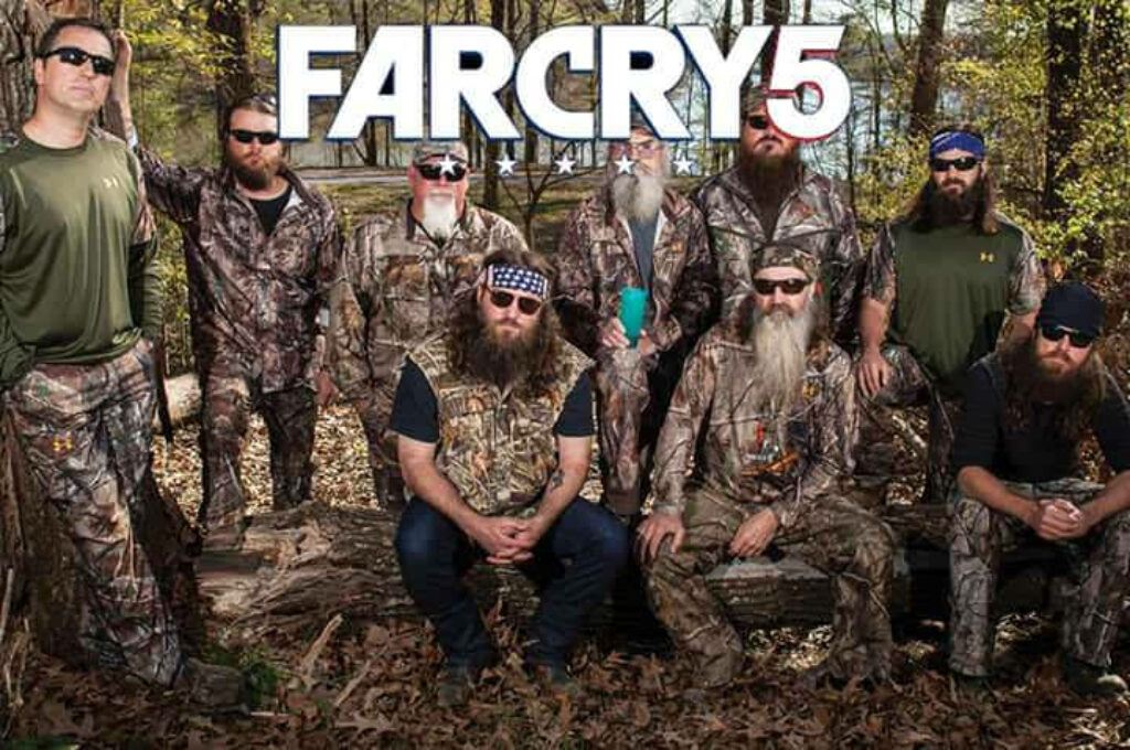 Forest Warriors: Camouflaged Men Strike a Pose with Far Cry 5 Logo Wallpaper