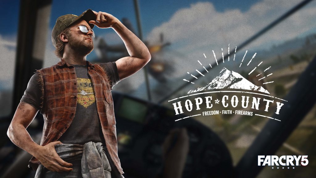 Far Cry 5 pilot Nick Rye in flannel and sunglasses with Hope County Freedom Faith Firearms emblem Wallpaper