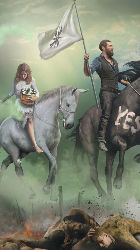 Far Cry 5 Wallpaper: Dramatic Scene with Main Characters on Horseback in Apocalyptic Setting
