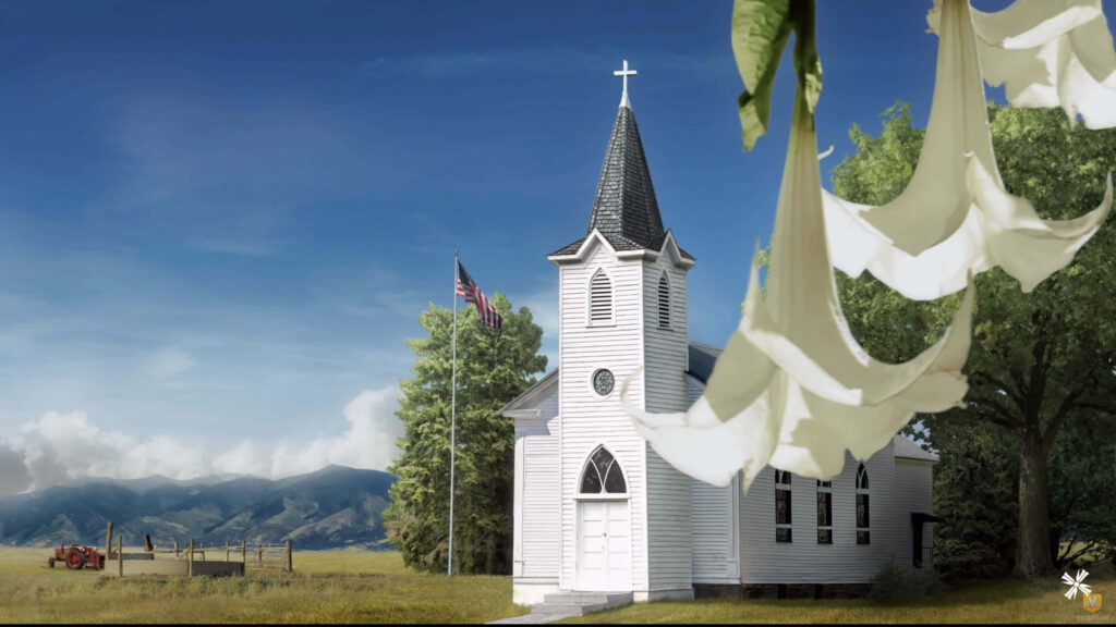 Serene countryside scene with white church, American flag, and red tractor Wallpaper