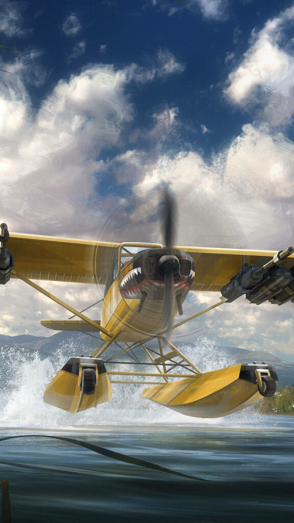 High-Flying Adventure: Spectacular Yellow Waterplane Launching in Far Cry 5 as Vibrant iPhone Wallpaper