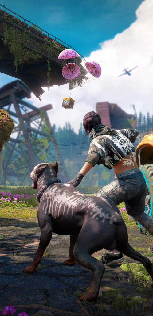 Vivid Far Cry New Dawn Wallpaper: Post-Apocalyptic Landscape with Character and Dog Playfully Interacting in Lush Greenery and Wrecked Bridge