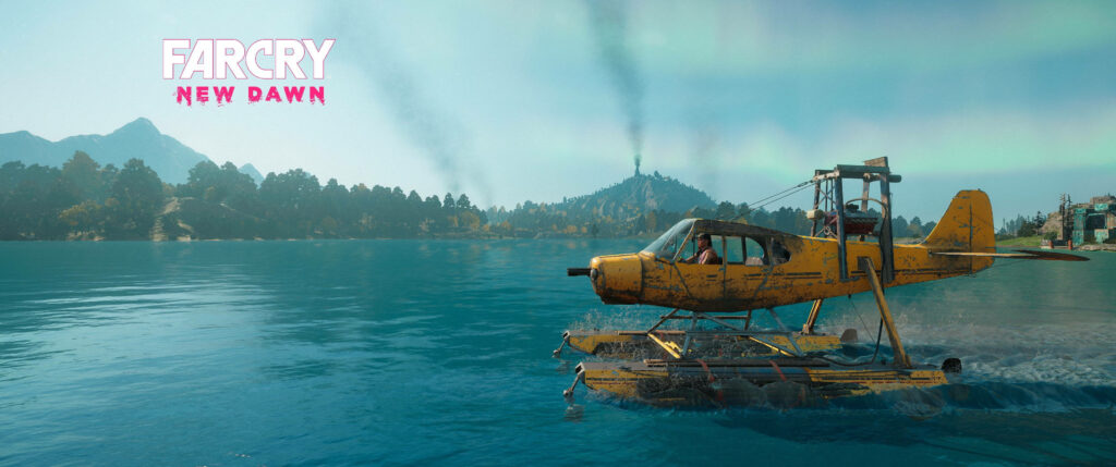 Captivating Female Protagonist Takes Charge: Marvelous 3D Far Cry New Dawn Snapshot with Amphibious Helicopter, Aurora Borealis, and Serene Blue Sky Wallpaper