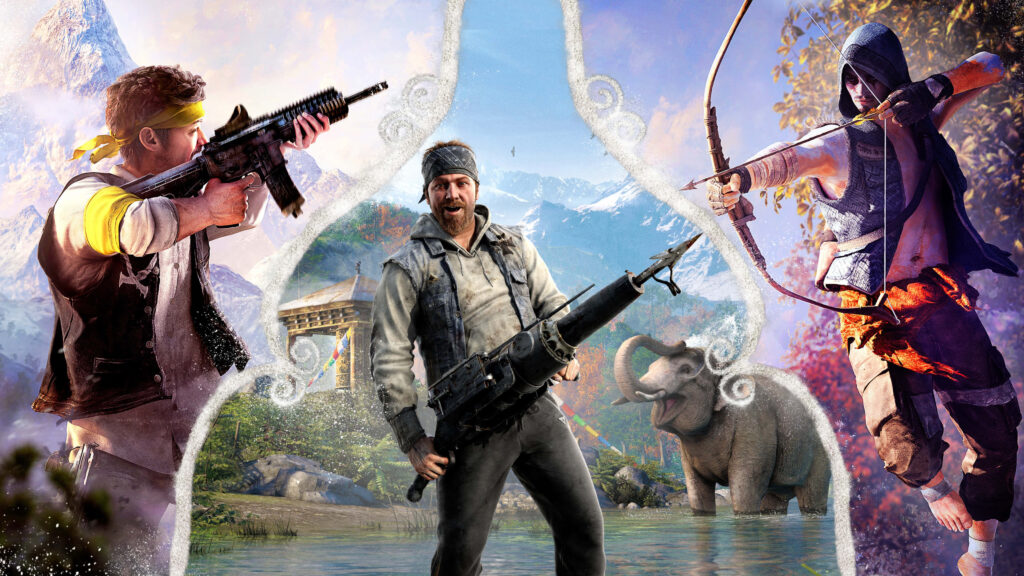 Diverse Arsenal: Far Cry Characters Unleashing Deadly Weapons Amid Captivating Scenic Backdrop Wallpaper
