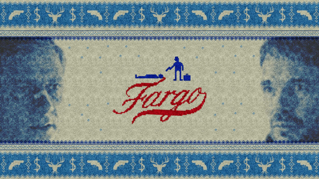 Fargo series inspired knitted wallpaper with blue white motifs silhouettes and red Fargo logo