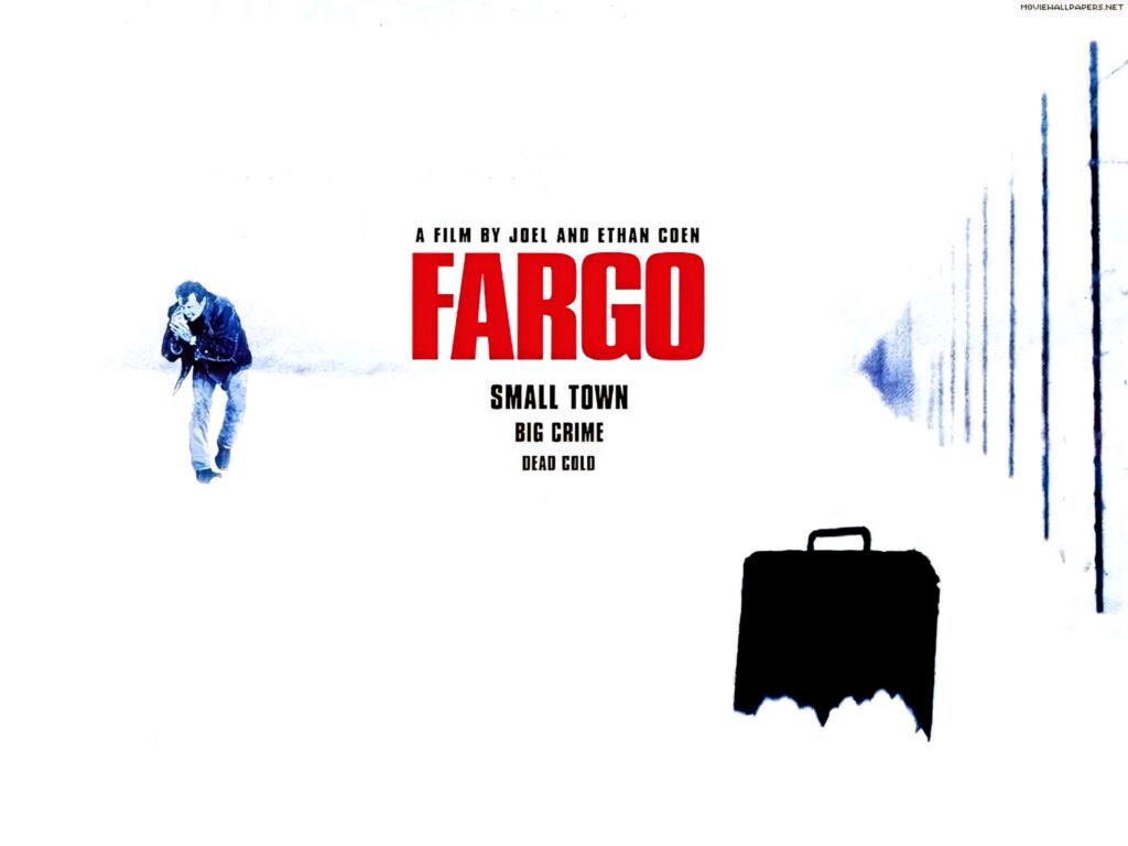 Minimalist Fargo movie poster wallpaper with winter man shadow suitcase snow crime isolation