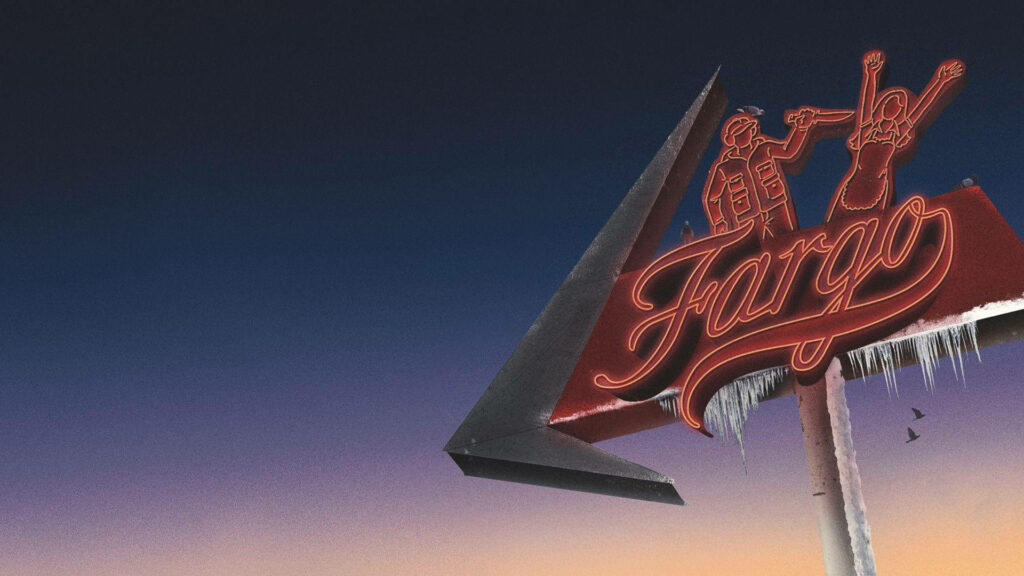 Fargo neon sign wallpaper with icy details under twilight sky capturing chilling mystery