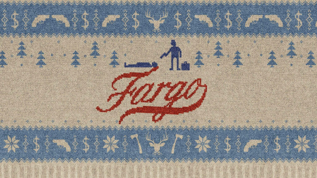 Fargo series wallpaper with knitted pattern featuring trees guns money crime scene and red logo