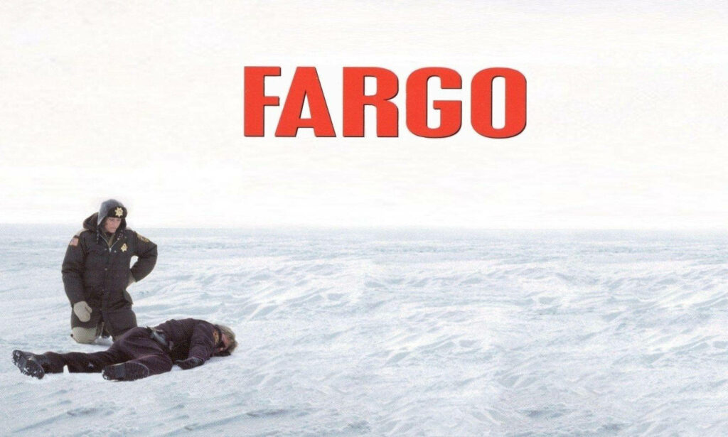 Fargo poster wallpaper snow-covered scene police officer investigating body bold red title