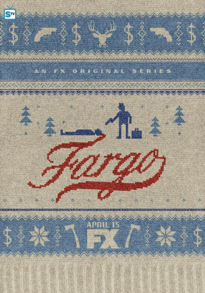 Fargo TV series knitted wallpaper with suitcase trees snow fallen figure FX title background