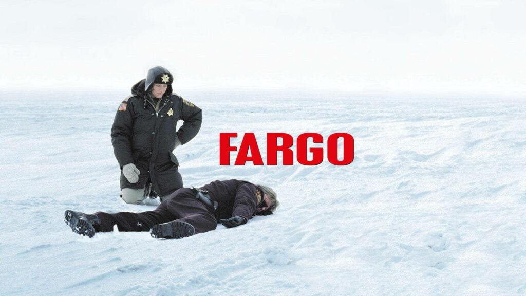 Police officer kneeling beside a body on snowy landscape under overcast sky Fargo wallpaper background