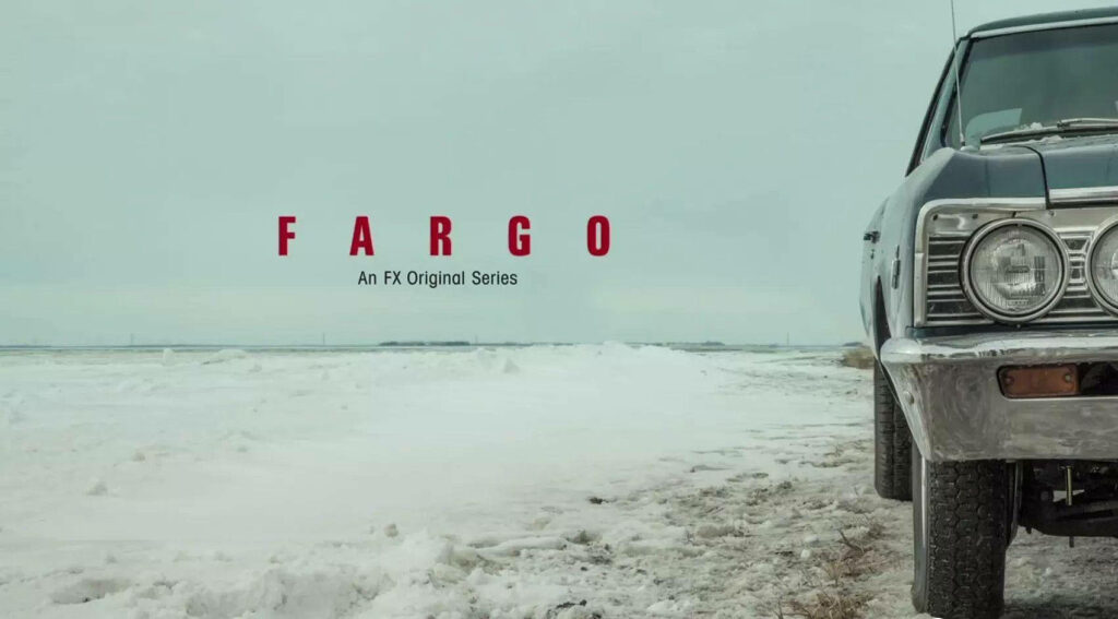 Fargo TV series wallpaper snow-covered landscape with classic car and winter mystery scene