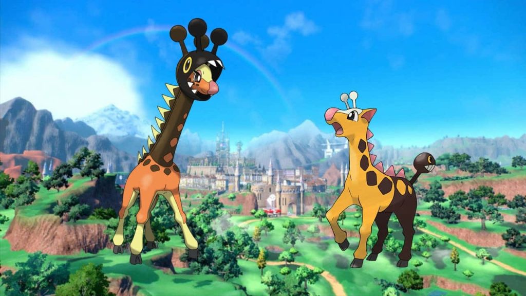 Farigiraf and Girafarig in grassy field with rainbow and castle town Paldea region wallpaper