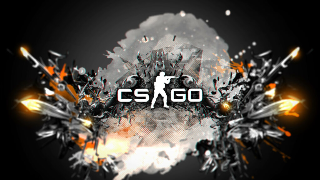 CS GO Logo: An Intriguing Display of Game's Symbol Amidst Weapon-like Debris on a Stylish Gray and Black Background Wallpaper
