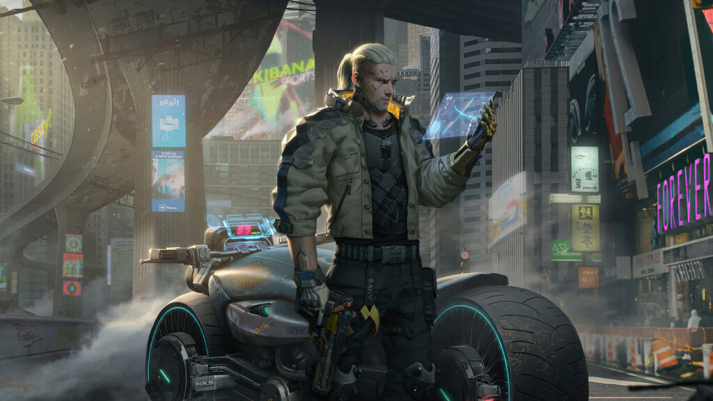 Cyberpunk Fusion: Geralt Of Rivia Ventures into Cyberpunk 2077's Dystopian Realm Wallpaper