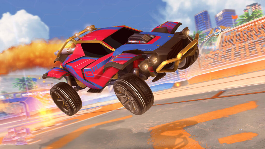 Gravity-Defying Masterpiece: Red Rocket League Car Takes Flight in Spectacular Artwork Wallpaper