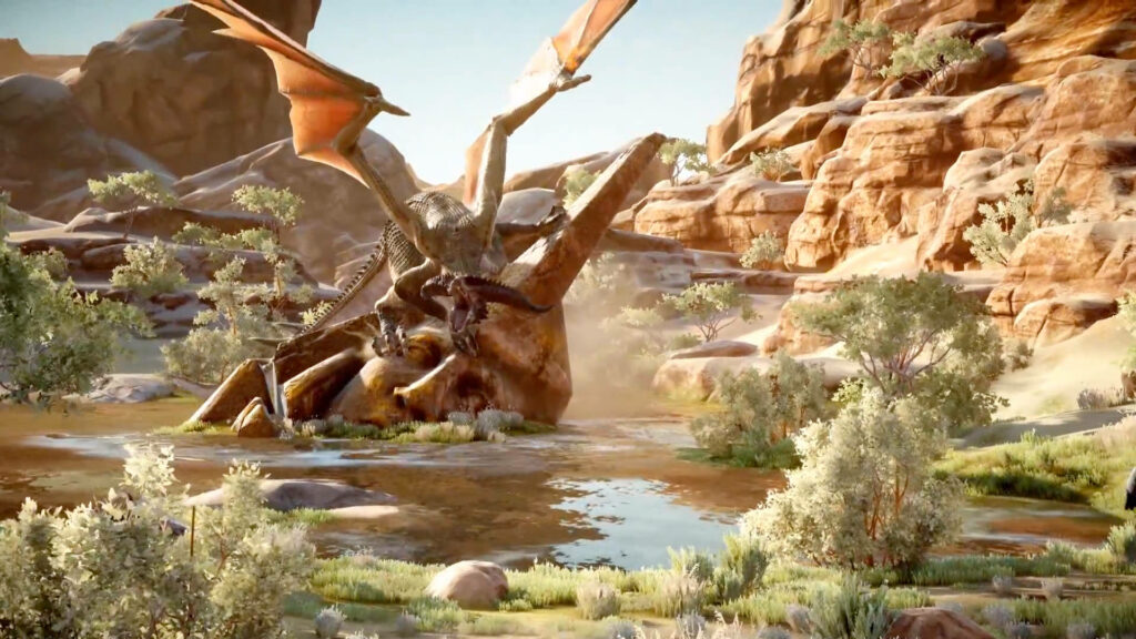 Majestic Encounter: A Captivating Glimpse of the Sandy Howler Dragon in the Enchanting Western Approach of Dragon Age Inquisition Wallpaper