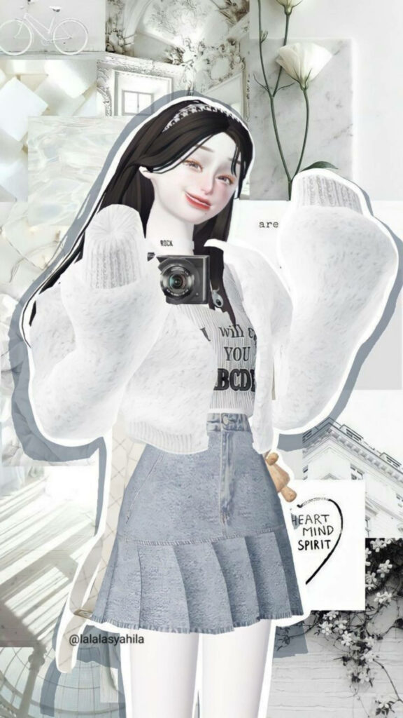 Zepeto Fashion Fusion: A Bubbly Korean Girl Flaunting a White Knitted Jacket and Denim Pleated Skirt Amidst a Collage of Random White Photographs Wallpaper