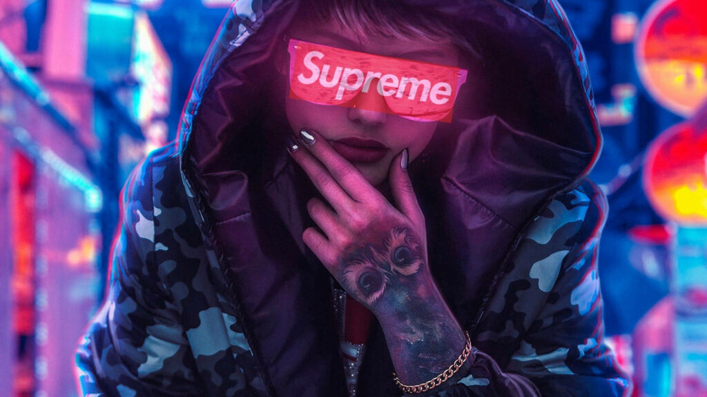 The Ultimate Mix of Style and Swagger: Female Fashionista Sporting Supreme Logo Reflected on Her Trendy Sun Visors Wallpaper