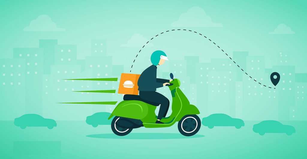 Food delivery rider on green scooter speeding through city with route and location pin background Wallpaper