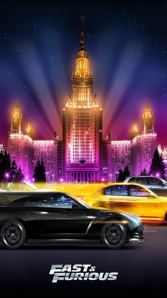 Fast Furious sports cars racing at night with glowing Moscow State University in purple neon Wallpaper