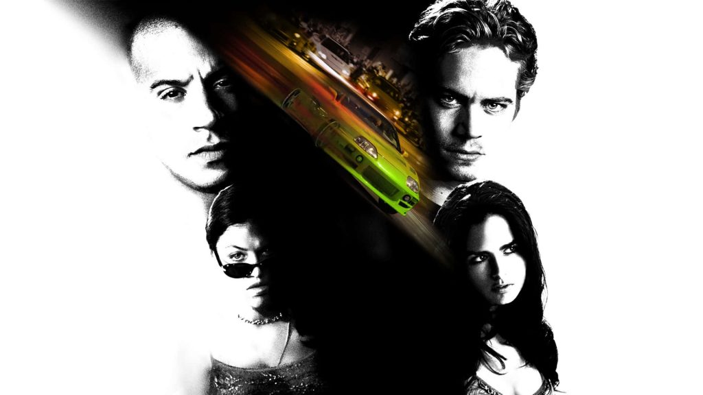 Fast and Furious 2001 wallpaper black and white cast with lime green Mitsubishi Eclipse car background