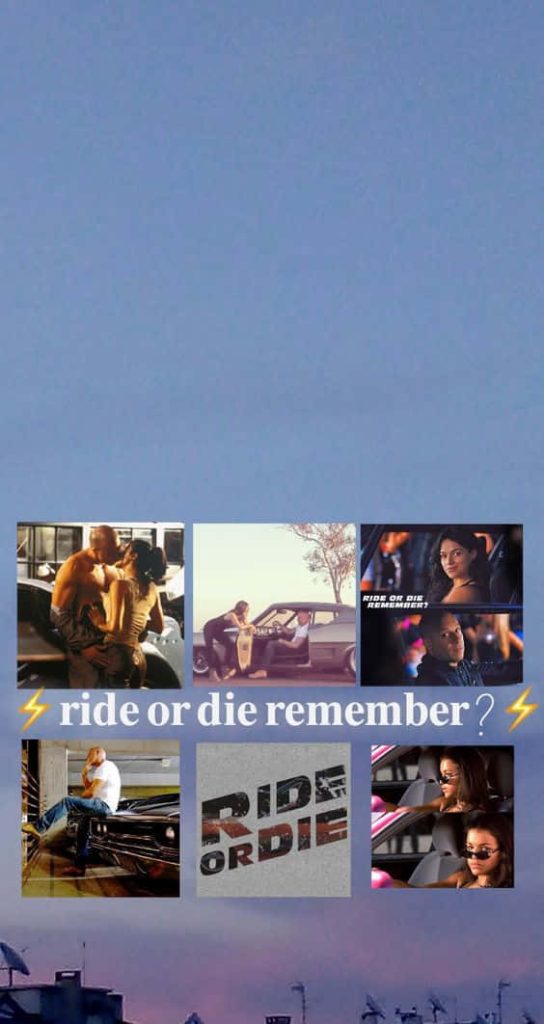 Fast and Furious wallpaper with Vin Diesel Michelle Rodriguez muscle cars Ride or Die quote sunset