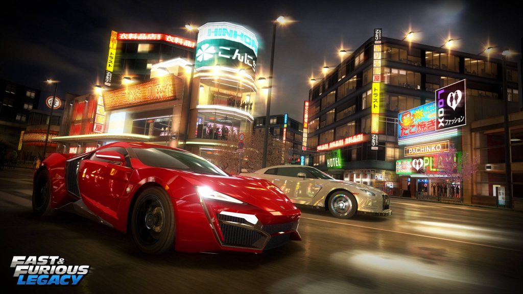 Red Lykan Hypersport and silver Nissan GT-R race through neon-lit Tokyo street at night wallpaper