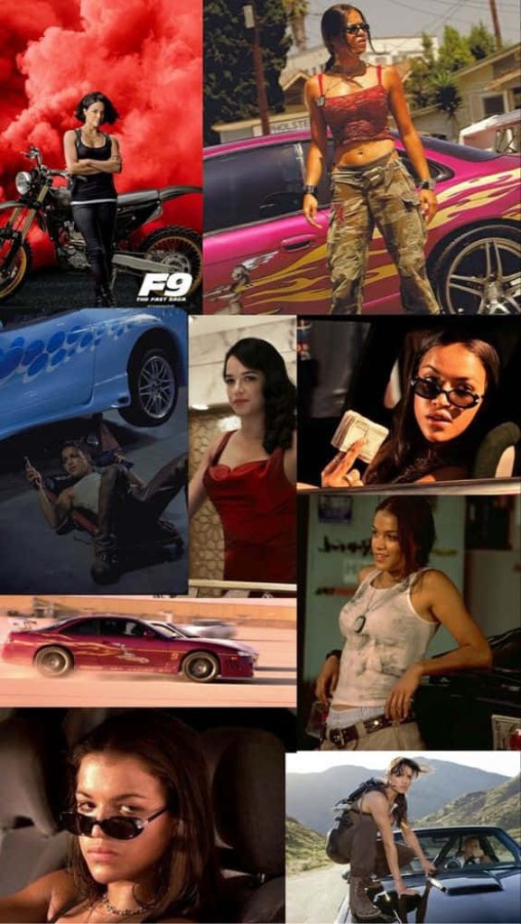 Fast and Furious Letty Ortiz collage wallpaper with Michelle Rodriguez street racing action scenes
