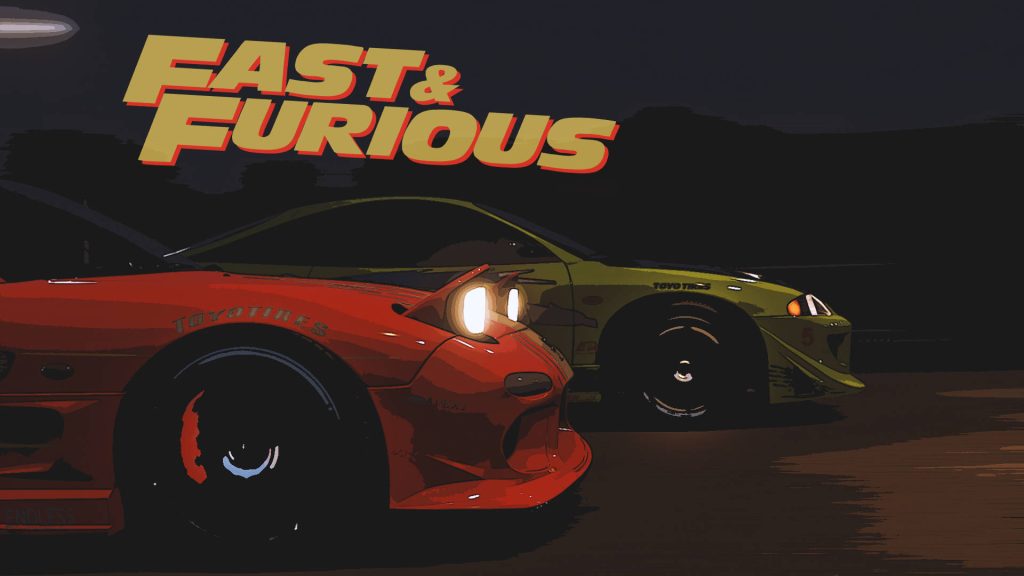 Fast and Furious wallpaper red Mazda RX7 green Mitsubishi Eclipse night street race scene