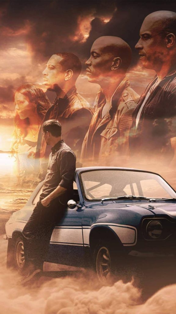 Fast and Furious tribute wallpaper Paul Walker blue classic car foggy sunset with Vin Diesel portraits