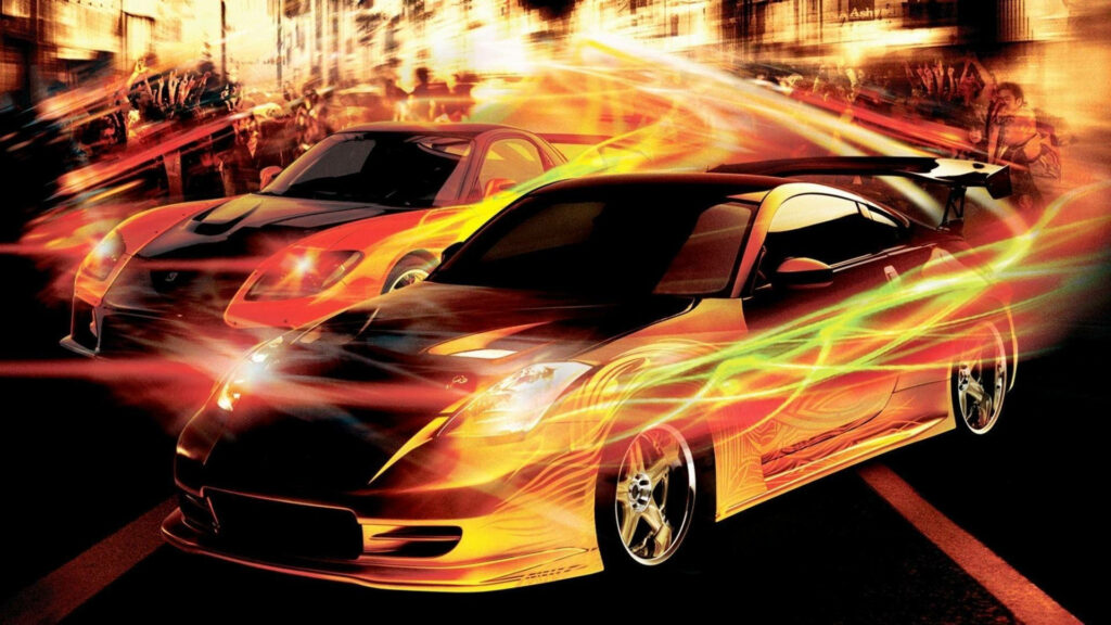 Fast and Furious wallpaper yellow orange sports cars racing city night dynamic light trails speed