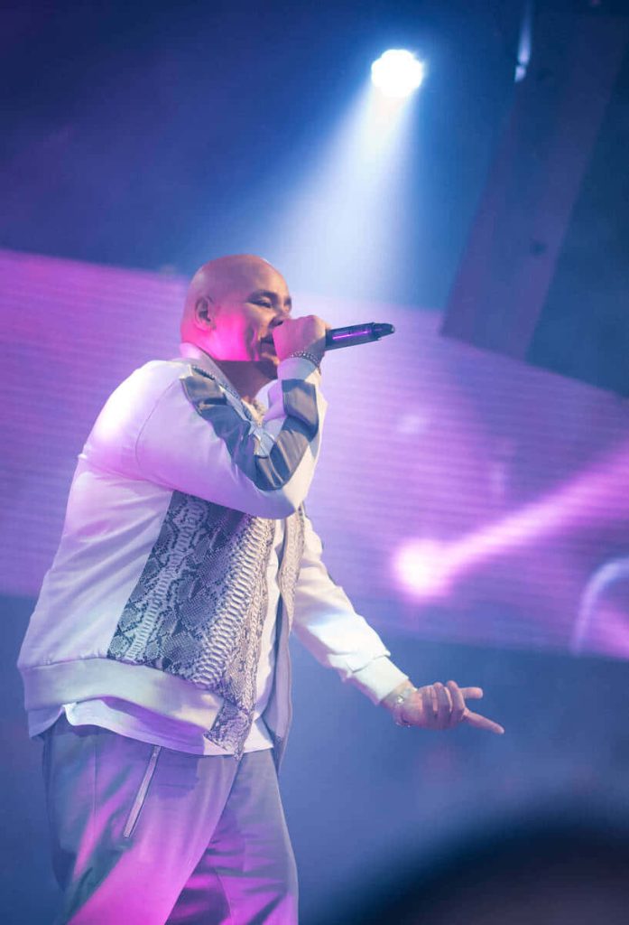 Fat Joe performing live in snakeskin jacket under vibrant purple concert lighting wallpaper