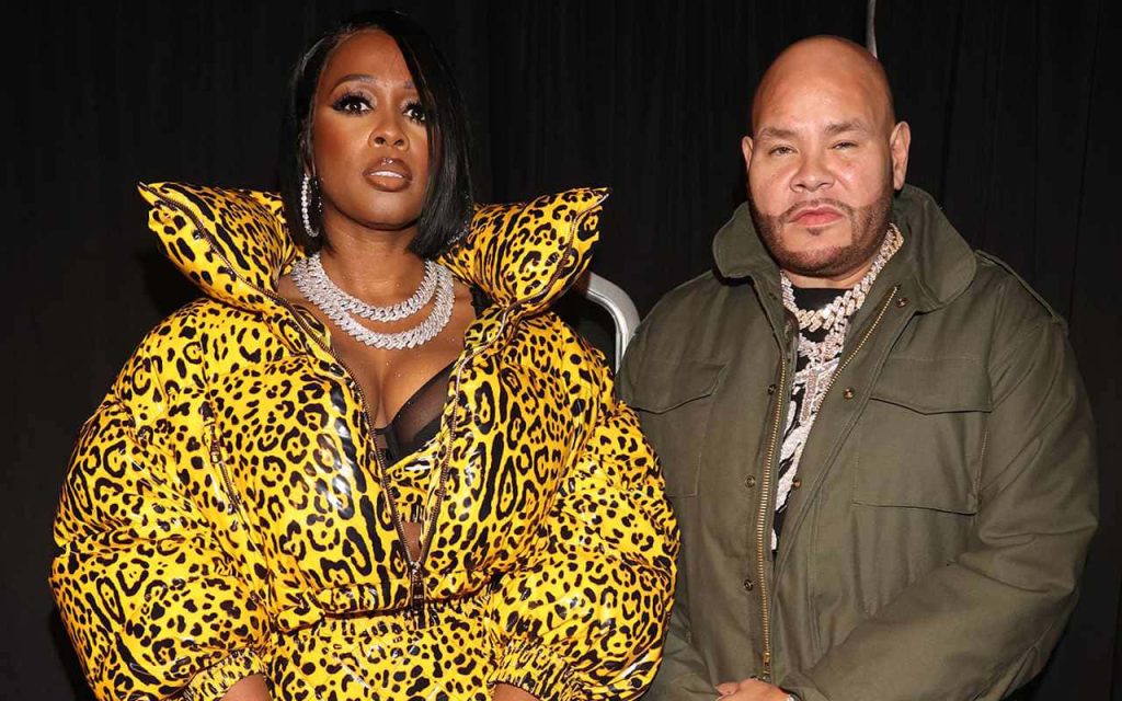 Fat Joe in olive jacket and Remy Ma in yellow leopard puffer with diamond chains hip-hop wallpaper