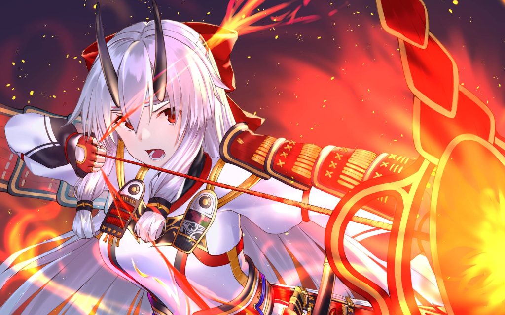 Fate Grand Order Archer Tomoe Gozen drawing bow fiery embers white hair samurai anime wallpaper