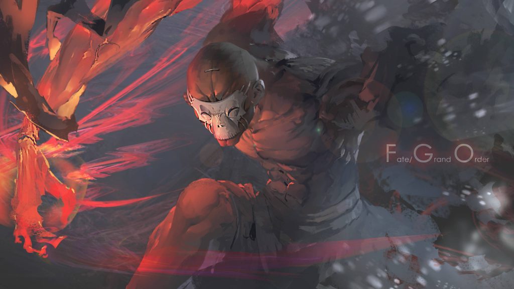 Fate Grand Order Assassin Servant lunging with fiery red energy dark intense wallpaper background