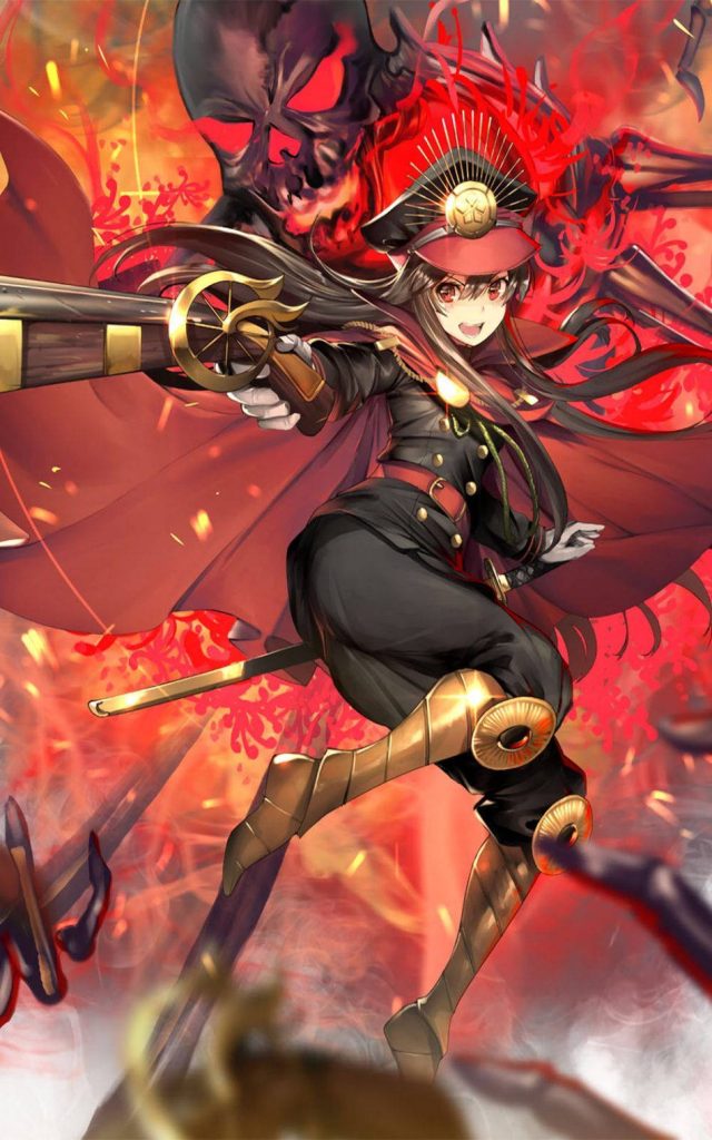 Fate Grand Order Demon Archer Oda Nobunaga with rifle fiery flames dark shadows anime wallpaper