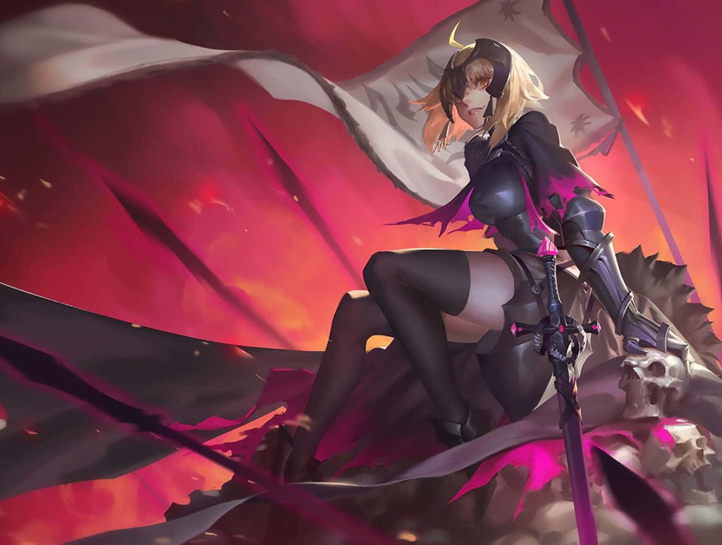 Jeanne d'Arc Alter Fate Grand Order wallpaper black armor red battlefield flag skulls anime art