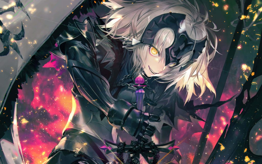 Jeanne d'Arc Alter digital art wallpaper dark armor magenta flames glowing eyes menacing pose